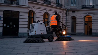 Street Sweeper Cleaning Cobblestone Pavement At Dawn