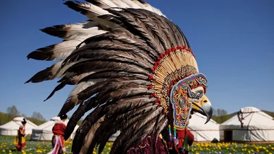 Performer Wearing Traditional Eagle Headdress In Mongolian Field