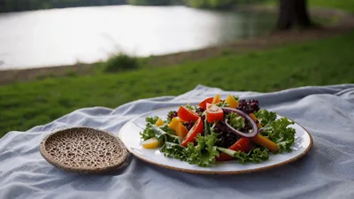 Fresh Vegetable Salad Served On A Picnic Blanket
