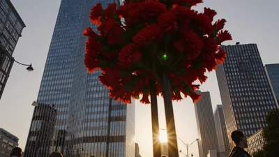 Protesters Marching Past Large Red Flower Sculpture