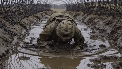 Soldier Crawling Through Muddy Obstacle Course Under Barbed Wire