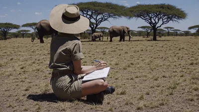 Female Researcher Sketching African Elephants In The Savannah