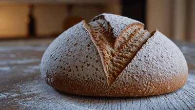 Freshly Baked Sourdough Bread Loaf on Wooden Table