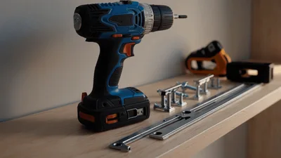 Cordless Power Drill And Metal Hardware On Wooden Shelf