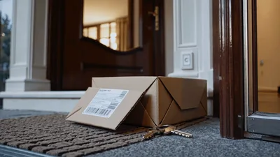Cardboard Delivery Package Sitting On Front Porch Doorstep