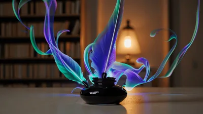 Magical Glowing Feathers Rising From Inkwell