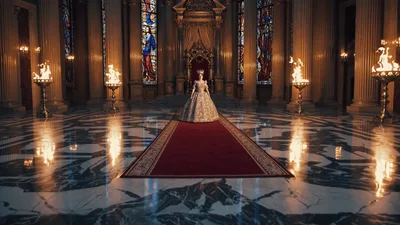 Queen Standing Alone in a Grand Lit Throne Room