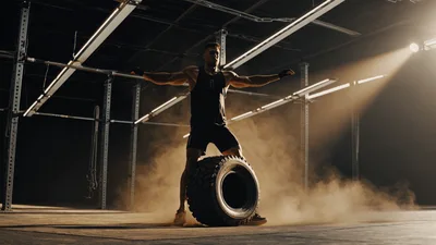 Muscular Athlete Performing Jumping Jacks Beside Large Tire