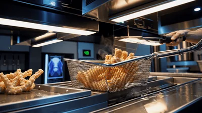 Chef Using Tongs To Toss Fried Food In Basket