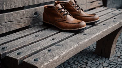 Brown Leather Boots Resting On A Wooden Bench