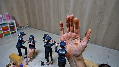 Miniature Police Figurines Applying Nail Polish On Human Hand