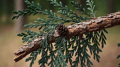 Small Pine Cone Resting On A Coniferous Tree Branch