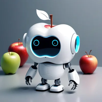 Cute Apple Shaped Robot Standing With Real Apples