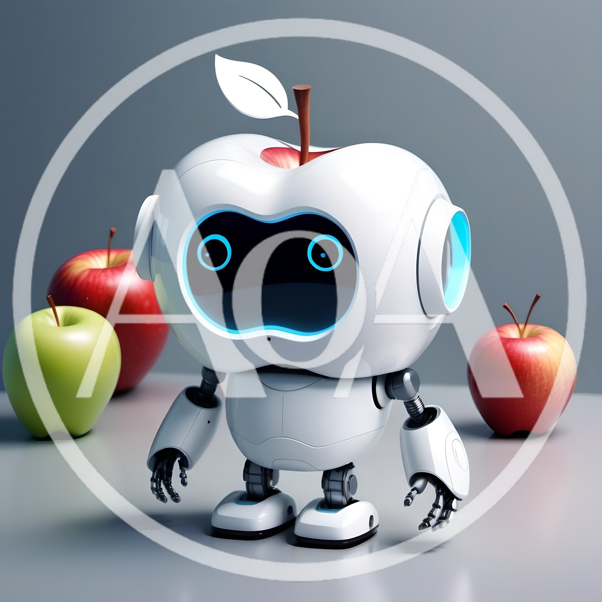 Cute Apple Shaped Robot Standing With Real Apples