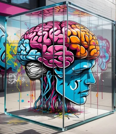 Graffiti Art Brain Sculpture Inside Glass Cube