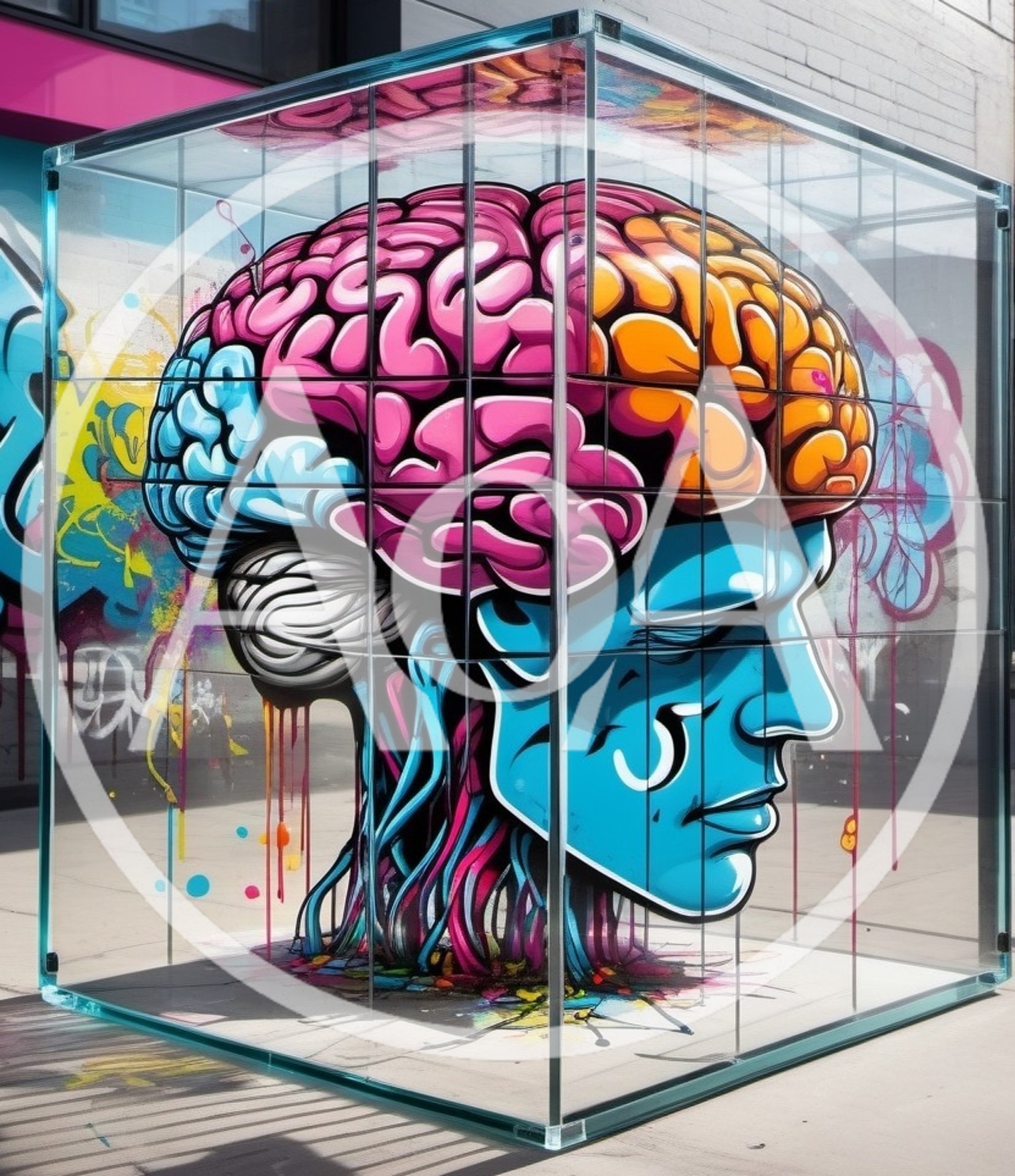 Graffiti Art Brain Sculpture Inside Glass Cube