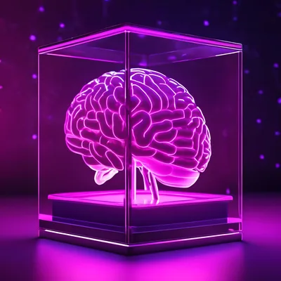 Glowing Neon Human Brain Inside Glass Display Case