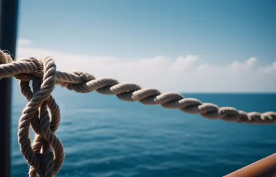 Thick Rope Tied To A Ship Railing Over The Ocean
