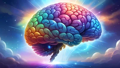 Colorful Human Brain Floating Above Glowing Clouds