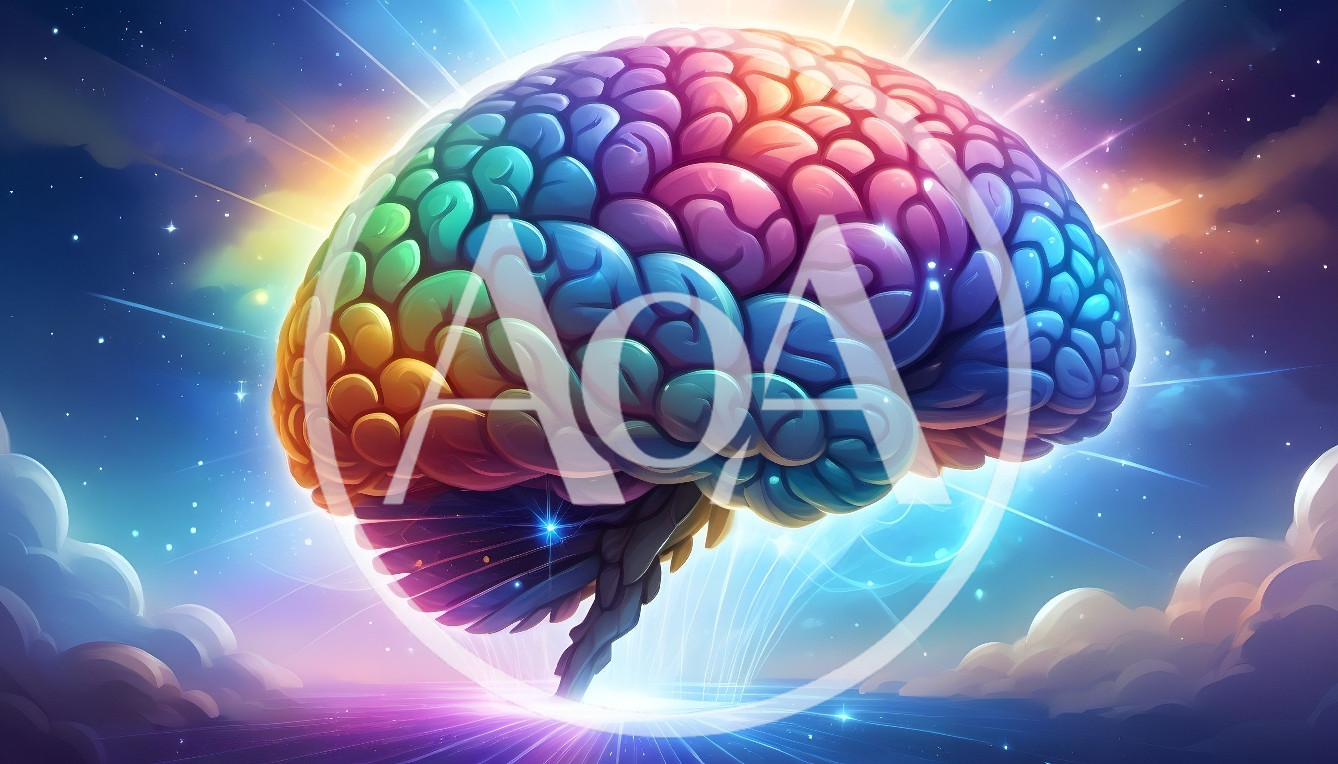 Colorful Human Brain Floating Above Glowing Clouds