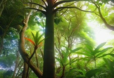 Lush Tropical Rainforest Canopy With Sunlight Filtering Through