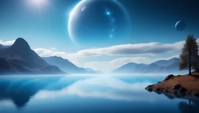 Surreal Alien Landscape With Twin Moons Over Calm Lake