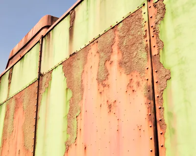 Weathered Green Metal Panel With Extensive Rust Damage