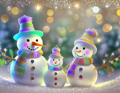 Three Festive Snowmen Standing Together In Winter Wonderland