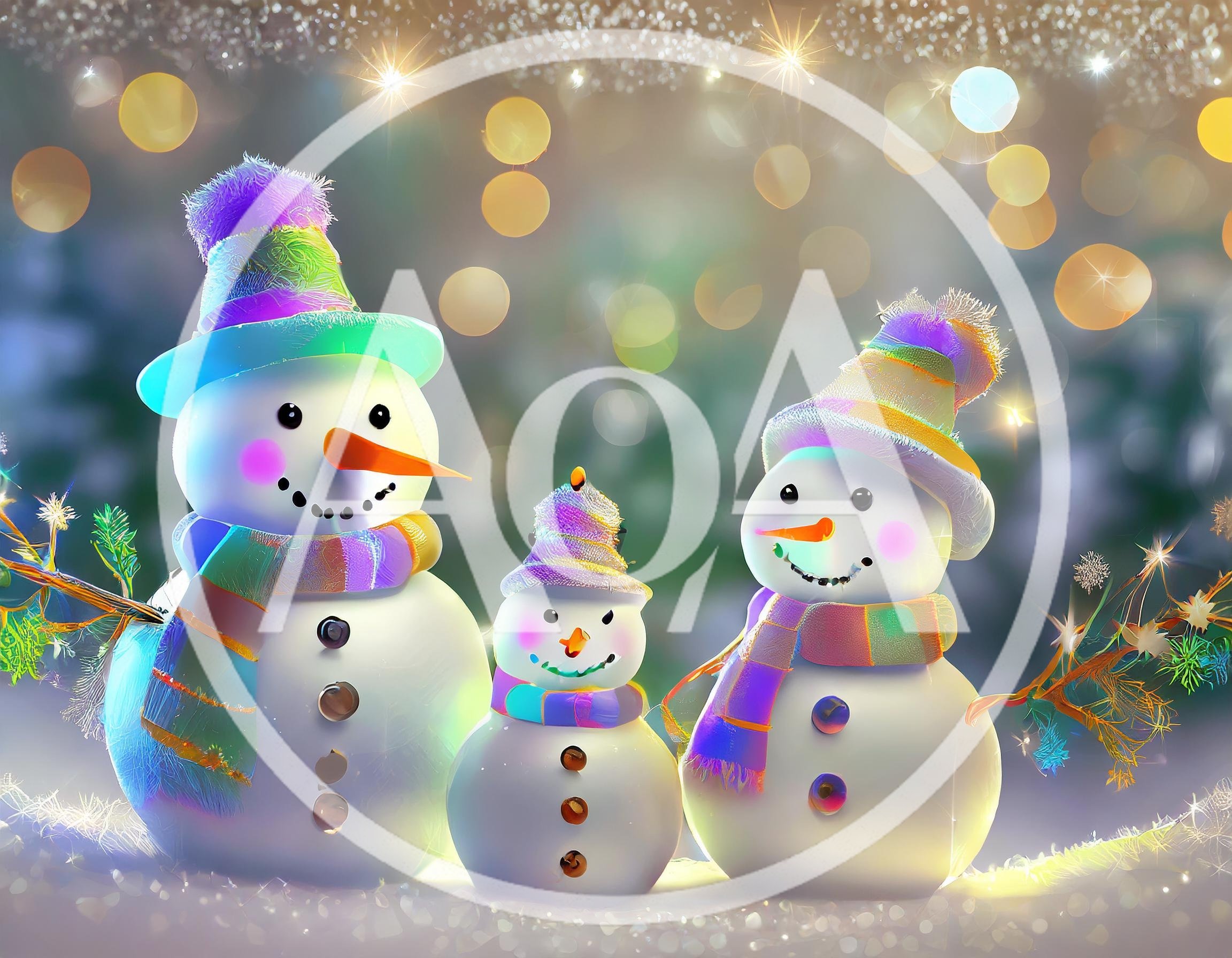 Three Festive Snowmen Standing Together In Winter Wonderland