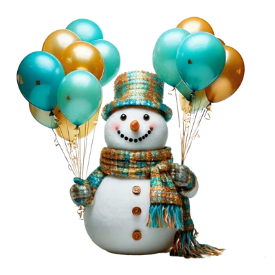 Snowman Holding Bunches of Teal and Gold Balloons