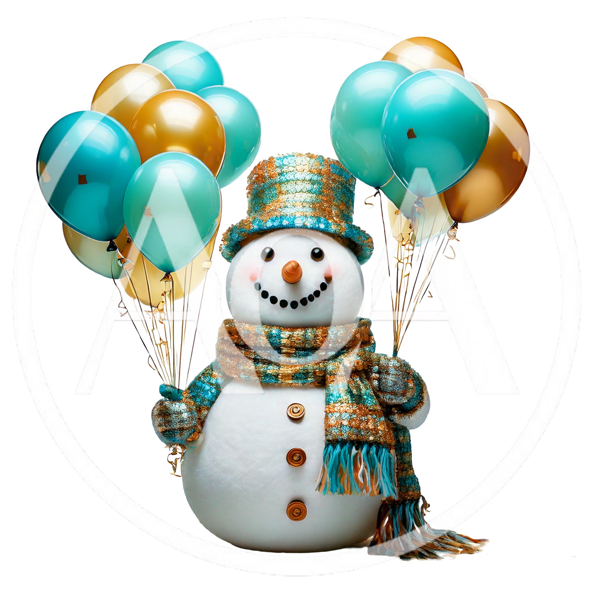 Snowman Holding Bunches of Teal and Gold Balloons
