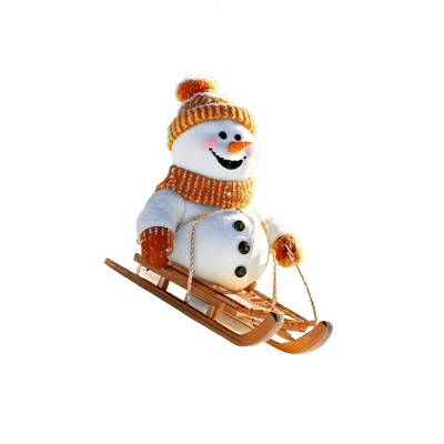Cheerful Snowman Riding A Wooden Sled