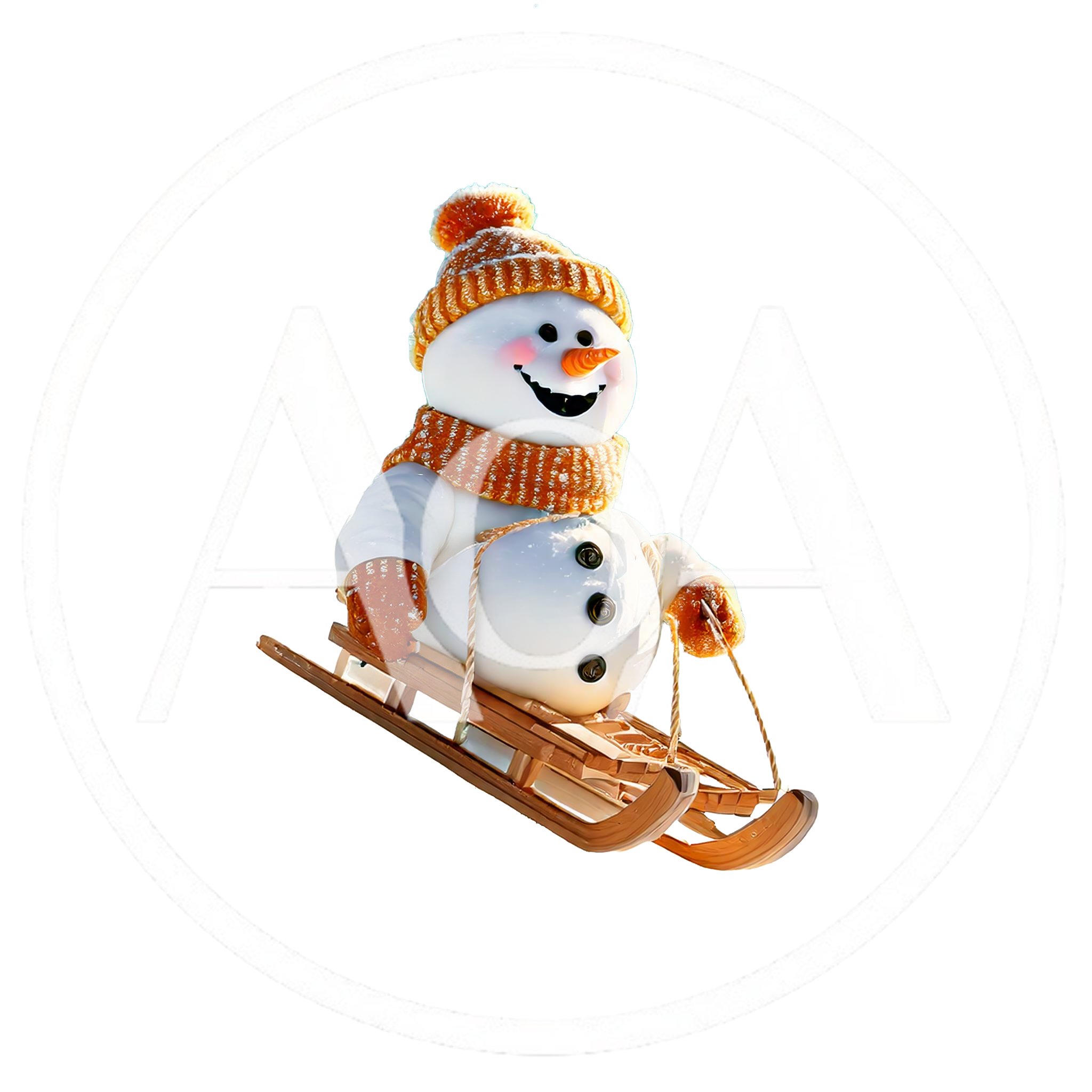 Cheerful Snowman Riding A Wooden Sled