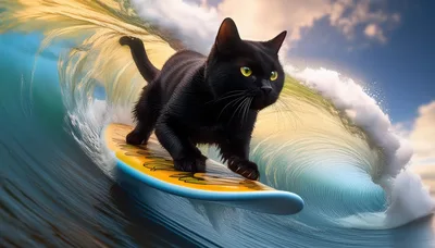 Black Cat Surfing On A Large Ocean Wave