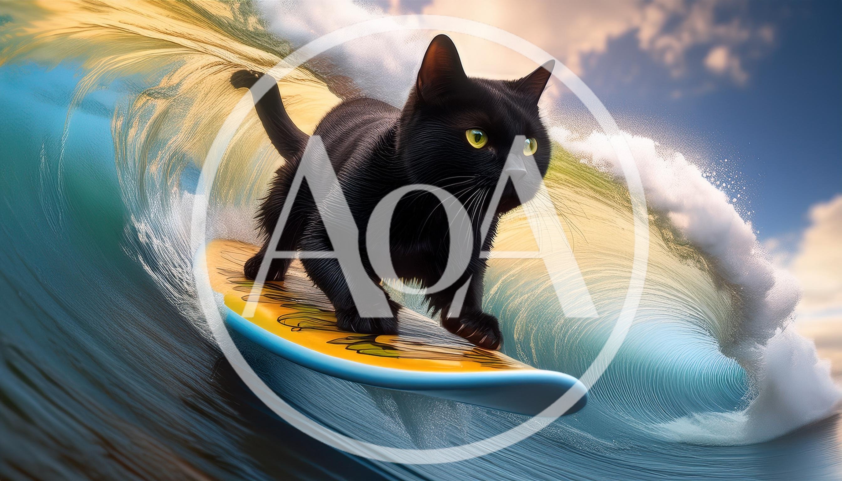Black Cat Surfing On A Large Ocean Wave