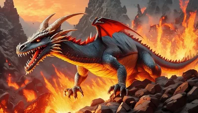 Fierce Black Dragon Roaring Amidst Volcanic Fire