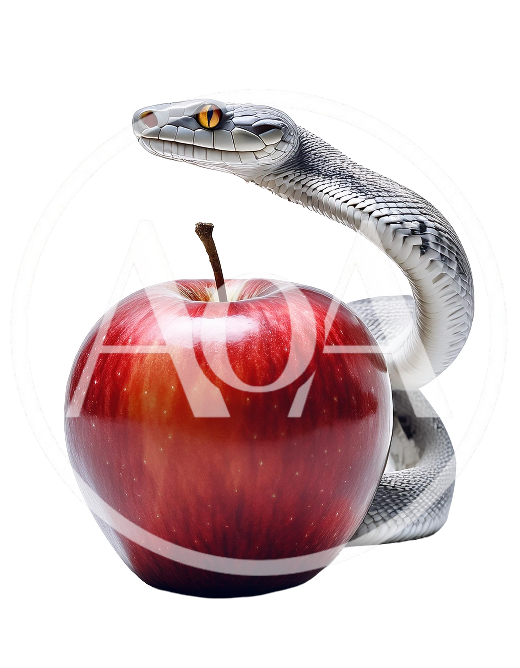 Silver Snake Coiled Around A Red Apple