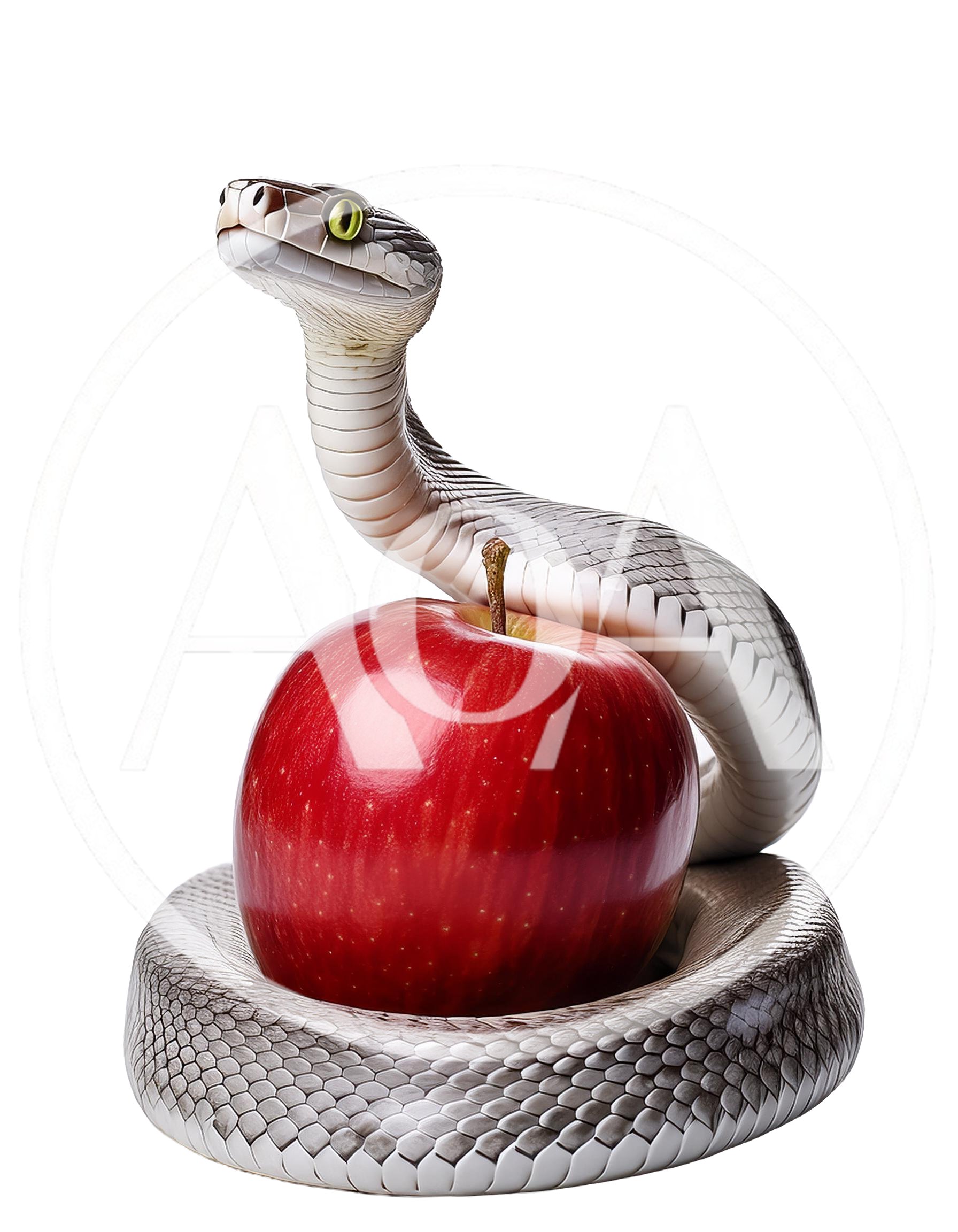 Grey Snake Coiled Around A Fresh Red Apple