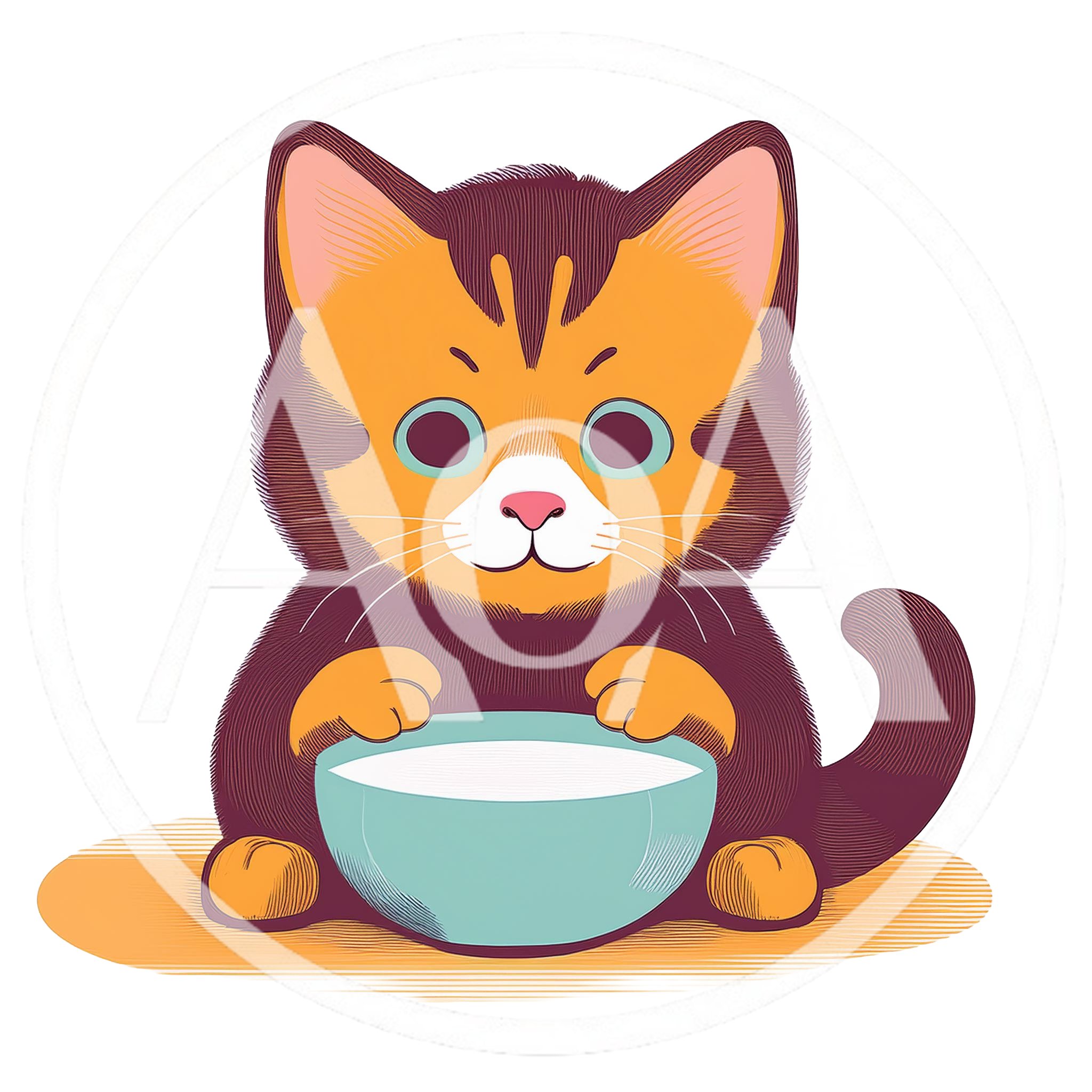 Cute Cartoon Kitten Eating From A Bowl