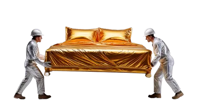 Two Construction Workers Carrying A Golden Bed