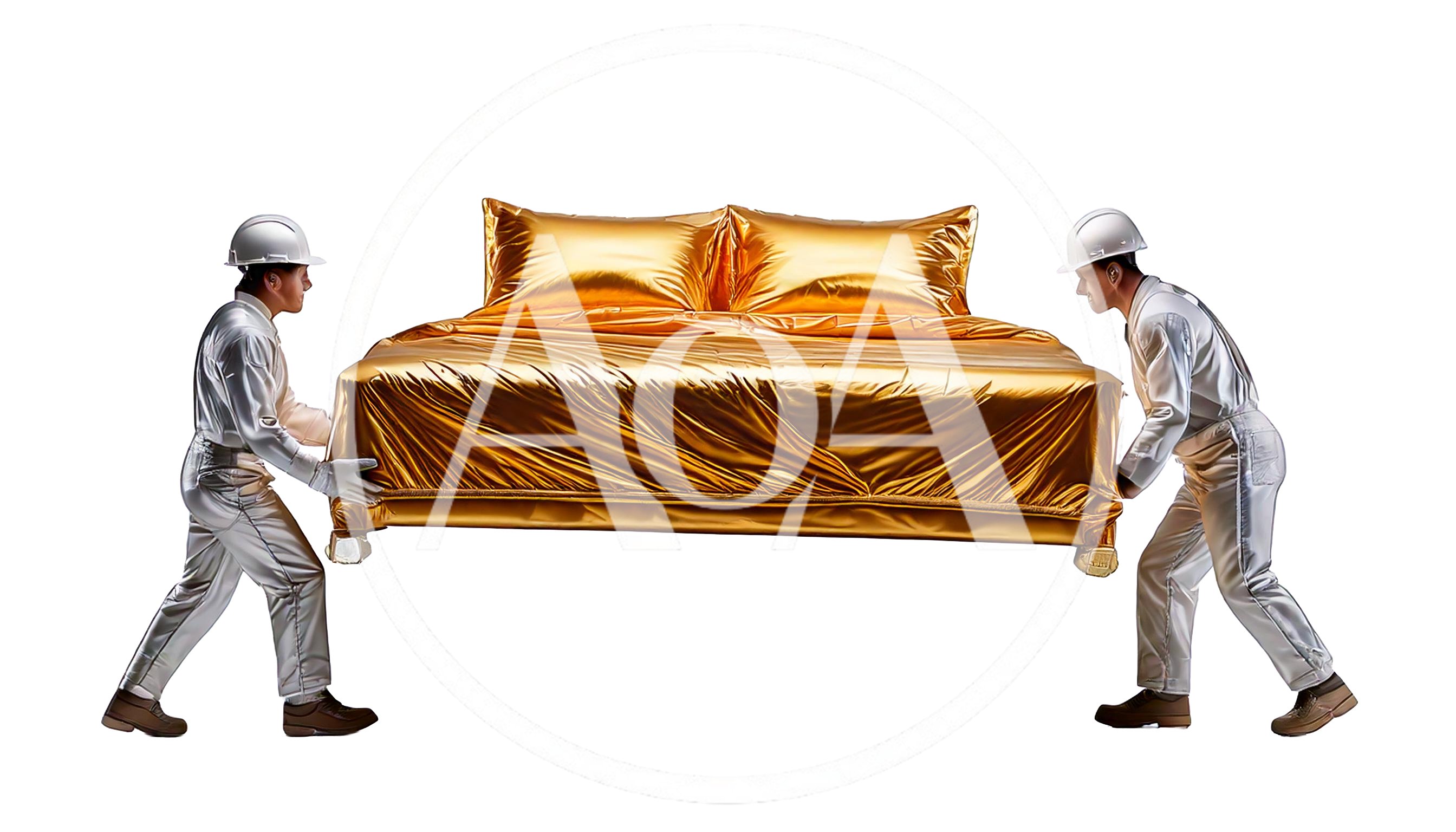 Two Construction Workers Carrying A Golden Bed
