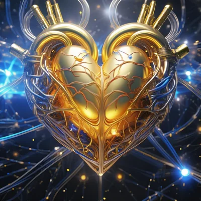 Golden Mechanical Heart With Intricate Cybernetic Wiring