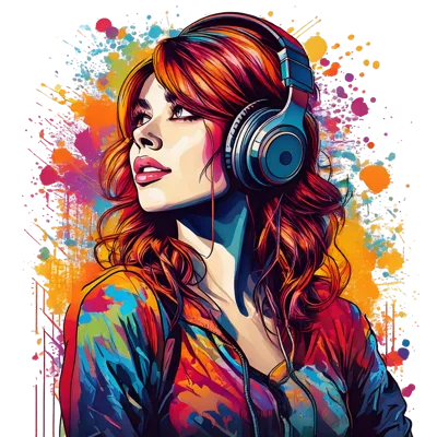 Young Woman With Headphones And Colorful Artistic Paint Splatter