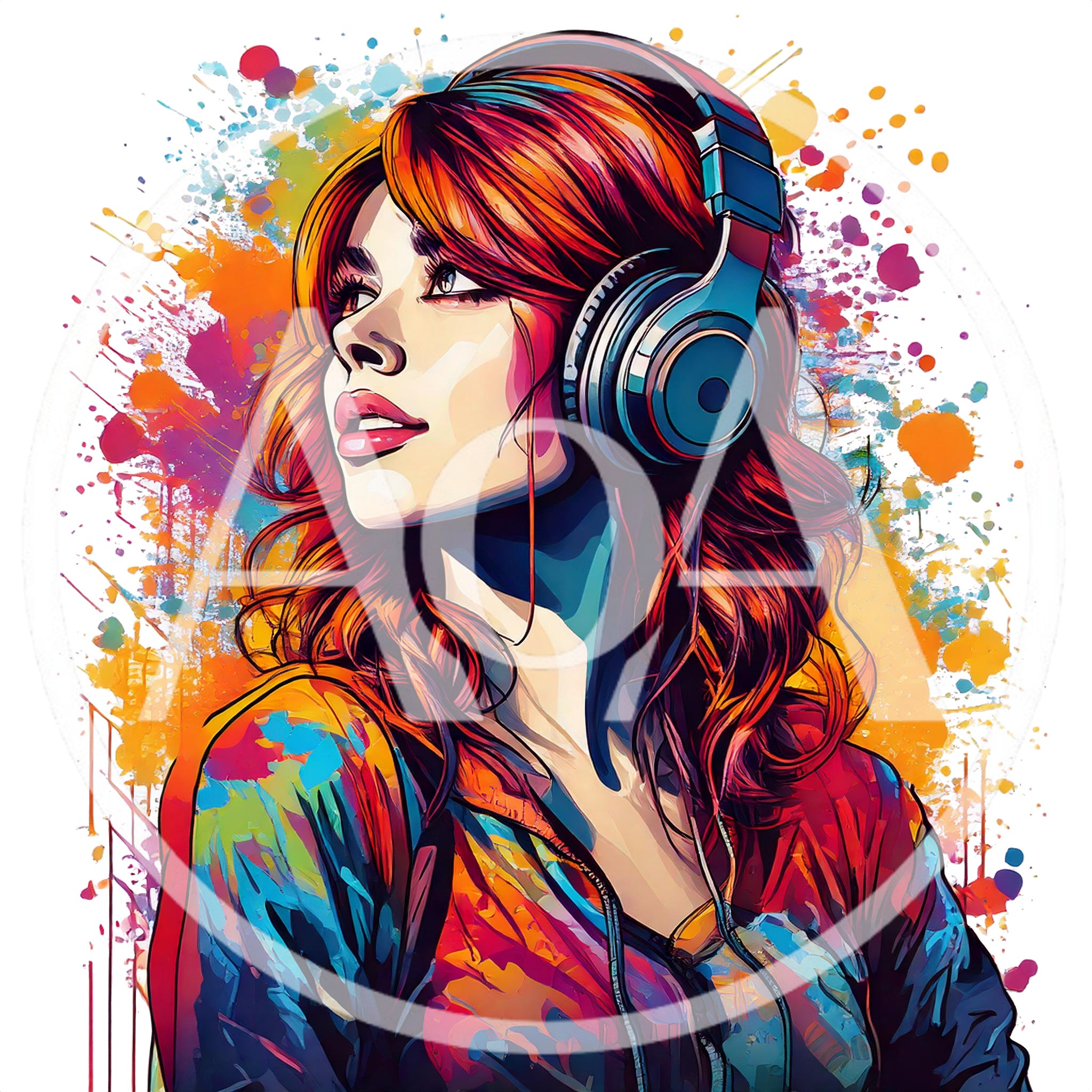 Young Woman With Headphones And Colorful Artistic Paint Splatter