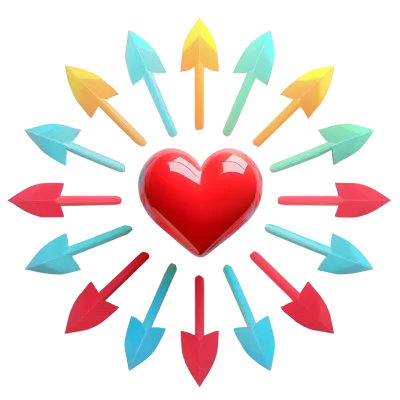 3D Red Heart Surrounded By Colorful Pointing Arrows