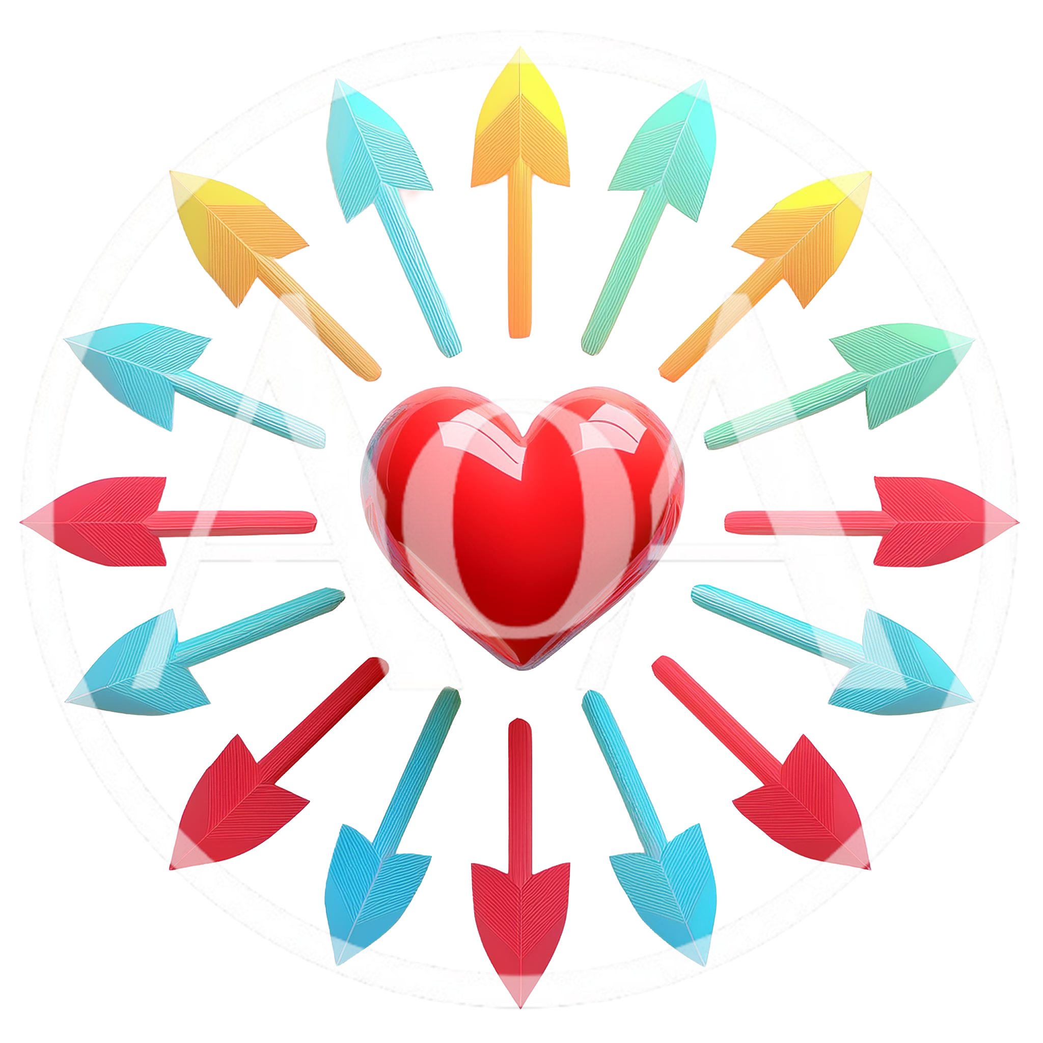 3D Red Heart Surrounded By Colorful Pointing Arrows