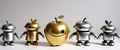 Four Small Robots Standing Beside A Large Golden Apple