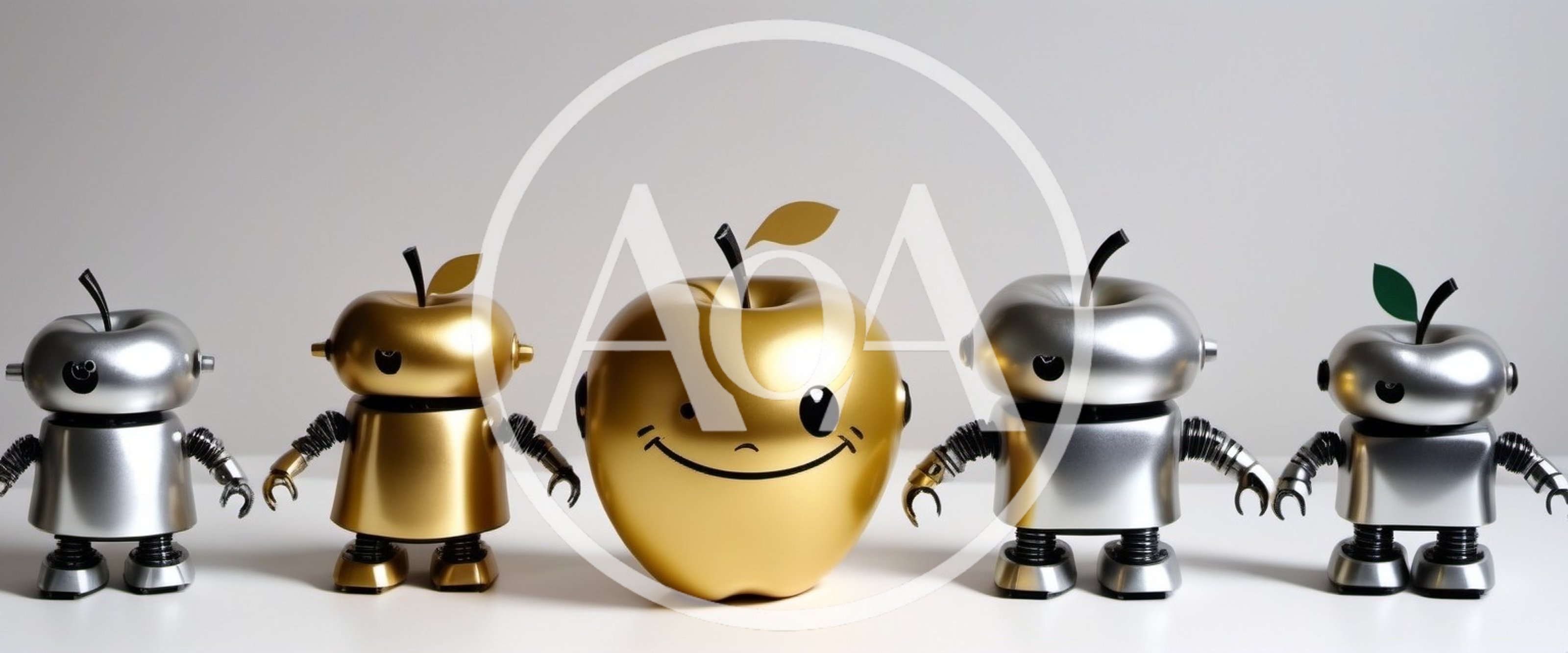 Four Small Robots Standing Beside A Large Golden Apple