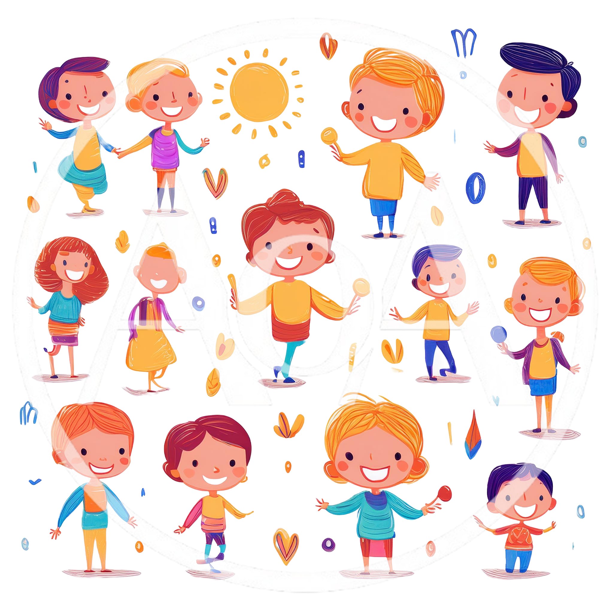 Group Of Happy Cartoon Children Playing Together