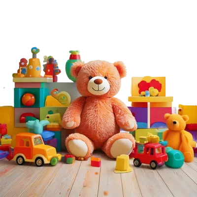 Collection of Colorful Childrens Toys and Teddy Bears